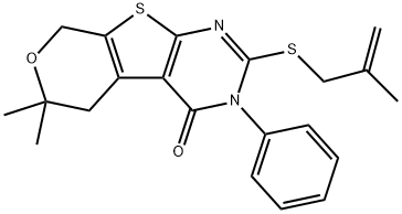 6,6-dimethyl-2-[(2-methyl-2-propenyl)sulfanyl]-3-phenyl-3,5,6,8-tetrahydro-4H-pyrano[4',3':4,5]thieno[2,3-d]pyrimidin-4-one 化学構造式