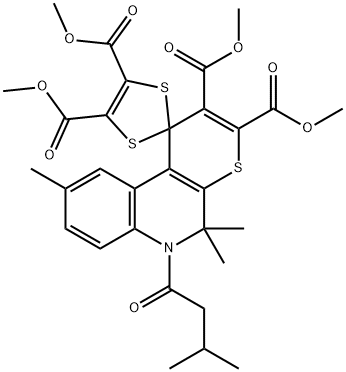 tetramethyl 5',5',9'-trimethyl-6'-(3-methylbutanoyl)-5',6'-dihydrospiro[1,3-dithiole-2,1'-(1'H)-thiopyrano[2,3-c]quinoline]-2',3',4,5-tetracarboxylate Struktur