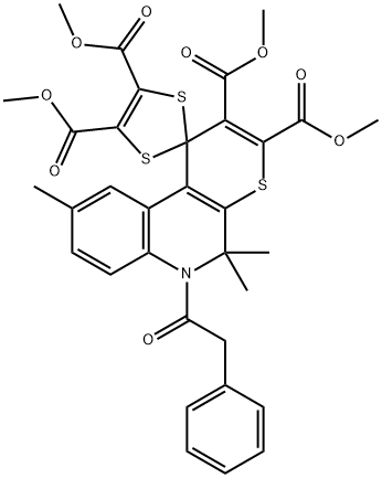 tetramethyl 5',5',9'-trimethyl-6'-(phenylacetyl)-5',6'-dihydrospiro[1,3-dithiole-2,1'-1'H-thiopyrano[2,3-c]quinoline]-2',3',4,5-tetracarboxylate Structure