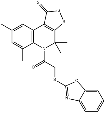 5-[(1,3-benzoxazol-2-ylsulfanyl)acetyl]-4,4,6,8-tetramethyl-4,5-dihydro-1H-[1,2]dithiolo[3,4-c]quinoline-1-thione 化学構造式