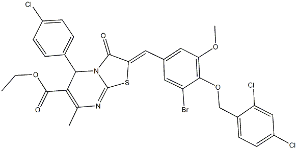 ethyl 2-{3-bromo-4-[(2,4-dichlorobenzyl)oxy]-5-methoxybenzylidene}-5-(4-chlorophenyl)-7-methyl-3-oxo-2,3-dihydro-5H-[1,3]thiazolo[3,2-a]pyrimidine-6-carboxylate Struktur