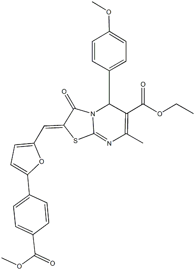 ethyl2-({5-[4-(methoxycarbonyl)phenyl]-2-furyl}methylene)-5-(4-methoxyphenyl)-7-methyl-3-oxo-2,3-dihydro-5H-[1,3]thiazolo[3,2-a]pyrimidine-6-carboxylate 化学構造式