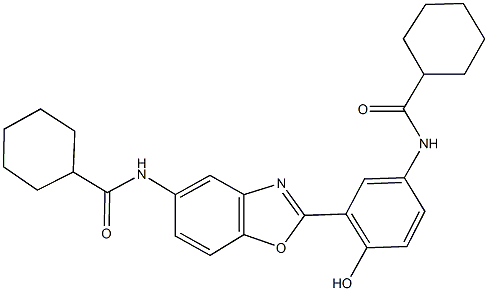 N-(3-{5-[(cyclohexylcarbonyl)amino]-1,3-benzoxazol-2-yl}-4-hydroxyphenyl)cyclohexanecarboxamide 化学構造式