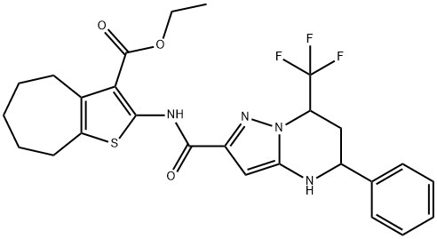 ethyl 2-({[5-phenyl-7-(trifluoromethyl)-4,5,6,7-tetrahydropyrazolo[1,5-a]pyrimidin-2-yl]carbonyl}amino)-5,6,7,8-tetrahydro-4H-cyclohepta[b]thiophene-3-carboxylate Structure