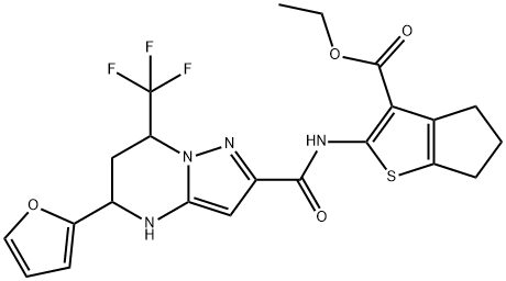 ethyl 2-({[5-(2-furyl)-7-(trifluoromethyl)-4,5,6,7-tetrahydropyrazolo[1,5-a]pyrimidin-2-yl]carbonyl}amino)-5,6-dihydro-4H-cyclopenta[b]thiophene-3-carboxylate 化学構造式