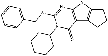2-(benzylsulfanyl)-3-cyclohexyl-3,5,6,7-tetrahydro-4H-cyclopenta[4,5]thieno[2,3-d]pyrimidin-4-one Struktur