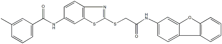 N-(2-{[2-(dibenzo[b,d]furan-3-ylamino)-2-oxoethyl]sulfanyl}-1,3-benzothiazol-6-yl)-3-methylbenzamide 化学構造式