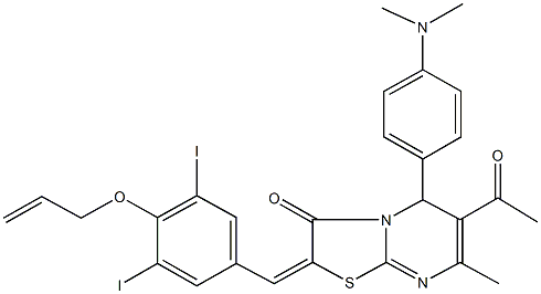 6-acetyl-2-[4-(allyloxy)-3,5-diiodobenzylidene]-5-[4-(dimethylamino)phenyl]-7-methyl-5H-[1,3]thiazolo[3,2-a]pyrimidin-3(2H)-one Structure