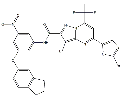 3-bromo-5-(5-bromo-2-furyl)-N-{3-(2,3-dihydro-1H-inden-5-yloxy)-5-nitrophenyl}-7-(trifluoromethyl)pyrazolo[1,5-a]pyrimidine-2-carboxamide,352208-88-9,结构式