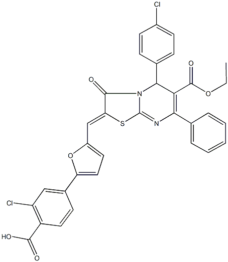 2-chloro-4-{5-[(5-(4-chlorophenyl)-6-(ethoxycarbonyl)-3-oxo-7-phenyl-5H-[1,3]thiazolo[3,2-a]pyrimidin-2(3H)-ylidene)methyl]-2-furyl}benzoic acid 化学構造式