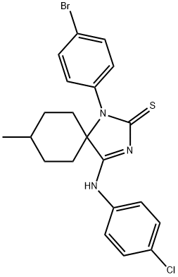 1-(4-bromophenyl)-4-[(4-chlorophenyl)imino]-8-methyl-1,3-diazaspiro[4.5]decane-2-thione Struktur
