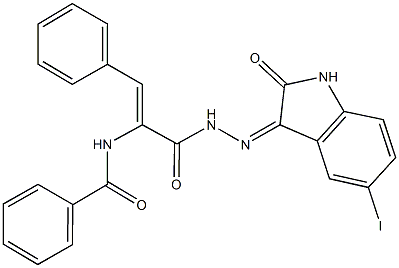N-(1-{[2-(5-iodo-2-oxo-1,2-dihydro-3H-indol-3-ylidene)hydrazino]carbonyl}-2-phenylvinyl)benzamide Structure