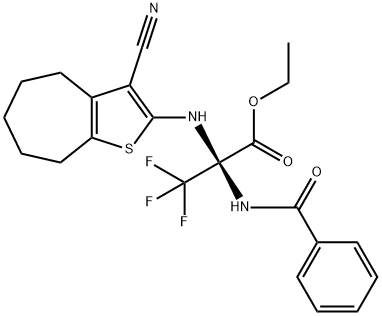 ethyl 2-(benzoylamino)-2-[(3-cyano-5,6,7,8-tetrahydro-4H-cyclohepta[b]thiophen-2-yl)amino]-3,3,3-trifluoropropanoate,352317-17-0,结构式