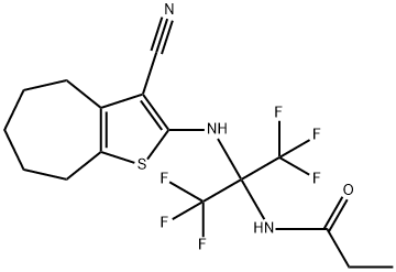 N-[1-[(3-cyano-5,6,7,8-tetrahydro-4H-cyclohepta[b]thien-2-yl)amino]-2,2,2-trifluoro-1-(trifluoromethyl)ethyl]propanamide Struktur