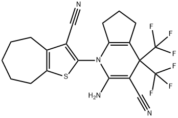 2-amino-1-(3-cyano-5,6,7,8-tetrahydro-4H-cyclohepta[b]thien-2-yl)-4,4-bis(trifluoromethyl)-4,5,6,7-tetrahydro-1H-cyclopenta[b]pyridine-3-carbonitrile Structure