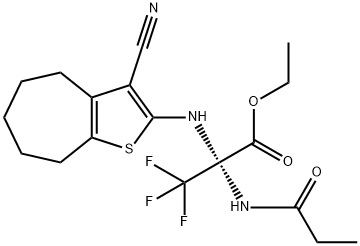ethyl 2-[(3-cyano-5,6,7,8-tetrahydro-4H-cyclohepta[b]thien-2-yl)amino]-3,3,3-trifluoro-2-(propionylamino)propanoate Struktur