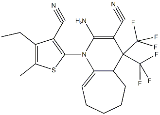 2-amino-1-(3-cyano-4-ethyl-5-methyl-2-thienyl)-4,4-bis(trifluoromethyl)-4,4a,5,6,7,8-hexahydro-1H-cyclohepta[b]pyridine-3-carbonitrile 结构式
