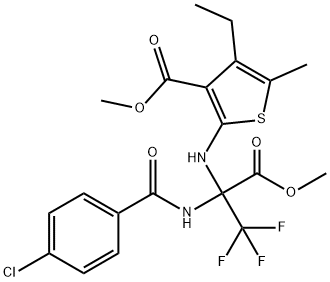 methyl 2-{[1-[(4-chlorobenzoyl)amino]-2,2,2-trifluoro-1-(methoxycarbonyl)ethyl]amino}-4-ethyl-5-methyl-3-thiophenecarboxylate Struktur