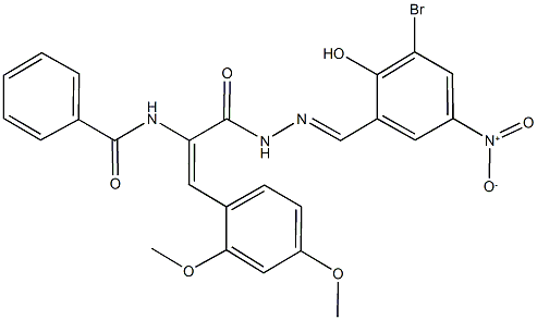 N-[1-[(2-{3-bromo-2-hydroxy-5-nitrobenzylidene}hydrazino)carbonyl]-2-(2,4-dimethoxyphenyl)vinyl]benzamide Structure