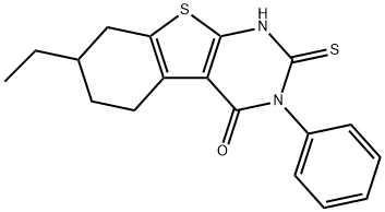 7-ethyl-3-phenyl-2-sulfanyl-5,6,7,8-tetrahydro[1]benzothieno[2,3-d]pyrimidin-4(3H)-one Struktur