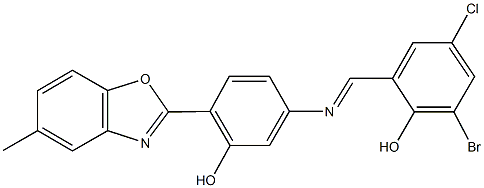 2-bromo-4-chloro-6-({[3-hydroxy-4-(5-methyl-1,3-benzoxazol-2-yl)phenyl]imino}methyl)phenol Struktur