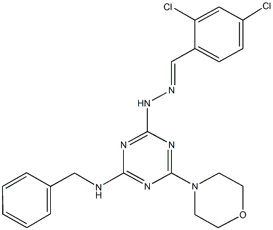 2,4-dichlorobenzaldehyde [4-(benzylamino)-6-(4-morpholinyl)-1,3,5-triazin-2-yl]hydrazone 化学構造式