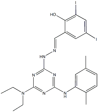 2-hydroxy-3,5-diiodobenzaldehyde [4-(diethylamino)-6-(2,5-dimethylanilino)-1,3,5-triazin-2-yl]hydrazone Struktur