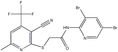 2-{[3-cyano-6-methyl-4-(trifluoromethyl)-2-pyridinyl]sulfanyl}-N-(3,5-dibromo-2-pyridinyl)acetamide Struktur