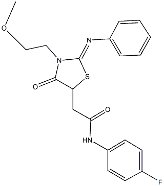 N-(4-fluorophenyl)-2-[3-(2-methoxyethyl)-4-oxo-2-(phenylimino)-1,3-thiazolidin-5-yl]acetamide Structure