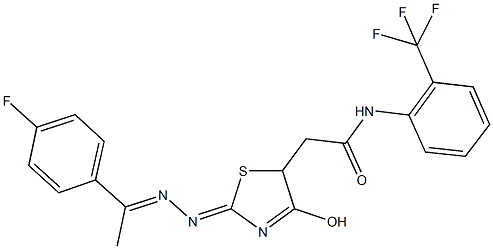 2-(2-{[1-(4-fluorophenyl)ethylidene]hydrazono}-4-hydroxy-2,5-dihydro-1,3-thiazol-5-yl)-N-[2-(trifluoromethyl)phenyl]acetamide 化学構造式