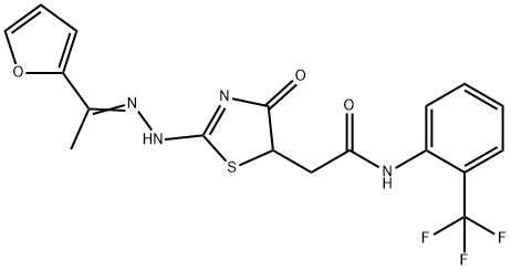 2-(2-{[1-(2-furyl)ethylidene]hydrazono}-4-hydroxy-2,5-dihydro-1,3-thiazol-5-yl)-N-[2-(trifluoromethyl)phenyl]acetamide Struktur