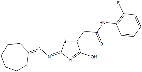 2-[2-(cycloheptylidenehydrazono)-4-hydroxy-2,5-dihydro-1,3-thiazol-5-yl]-N-(2-fluorophenyl)acetamide Struktur