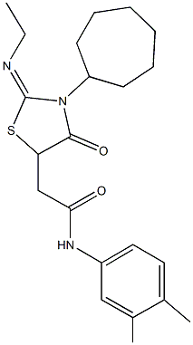 2-[3-cycloheptyl-2-(ethylimino)-4-oxo-1,3-thiazolidin-5-yl]-N-(3,4-dimethylphenyl)acetamide 化学構造式