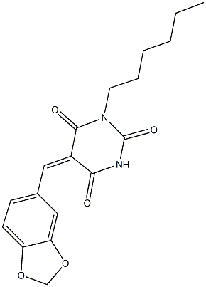 5-(1,3-benzodioxol-5-ylmethylene)-1-hexyl-2,4,6(1H,3H,5H)-pyrimidinetrione,352348-62-0,结构式