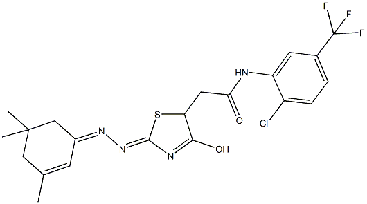 N-[2-chloro-5-(trifluoromethyl)phenyl]-2-{4-hydroxy-2-[(3,5,5-trimethyl-2-cyclohexen-1-ylidene)hydrazono]-2,5-dihydro-1,3-thiazol-5-yl}acetamide 化学構造式