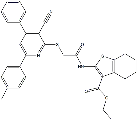 ethyl 2-[({[3-cyano-6-(4-methylphenyl)-4-phenyl-2-pyridinyl]sulfanyl}acetyl)amino]-4,5,6,7-tetrahydro-1-benzothiophene-3-carboxylate 结构式