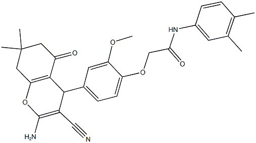 2-[4-(2-amino-3-cyano-7,7-dimethyl-5-oxo-5,6,7,8-tetrahydro-4H-chromen-4-yl)-2-methoxyphenoxy]-N-(3,4-dimethylphenyl)acetamide 化学構造式