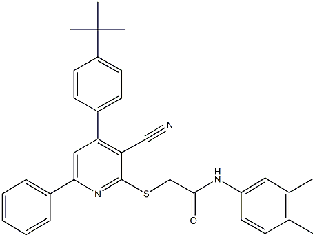2-{[4-(4-tert-butylphenyl)-3-cyano-6-phenyl-2-pyridinyl]sulfanyl}-N-(3,4-dimethylphenyl)acetamide 化学構造式