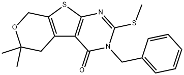 3-benzyl-6,6-dimethyl-2-(methylsulfanyl)-3,5,6,8-tetrahydro-4H-pyrano[4',3':4,5]thieno[2,3-d]pyrimidin-4-one 化学構造式