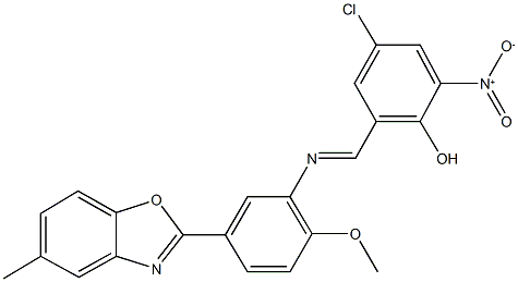 4-chloro-2-nitro-6-({[2-methoxy-5-(5-methyl-1,3-benzoxazol-2-yl)phenyl]imino}methyl)phenol Structure