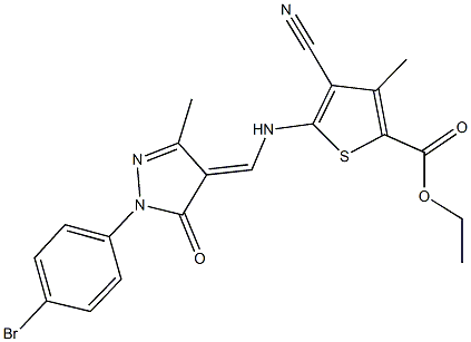 ethyl 5-({[1-(4-bromophenyl)-3-methyl-5-oxo-1,5-dihydro-4H-pyrazol-4-ylidene]methyl}amino)-4-cyano-3-methyl-2-thiophenecarboxylate 化学構造式