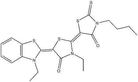 3'-butyl-3-ethyl-5-(3-ethyl-1,3-benzothiazol-2(3H)-ylidene)-2'-thioxo-2,5'-bis[1,3-thiazolidin-2-ylidene]-4,4'-dione,352523-73-0,结构式