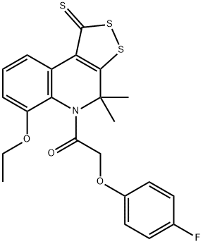 6-ethoxy-5-[(4-fluorophenoxy)acetyl]-4,4-dimethyl-4,5-dihydro-1H-[1,2]dithiolo[3,4-c]quinoline-1-thione Struktur