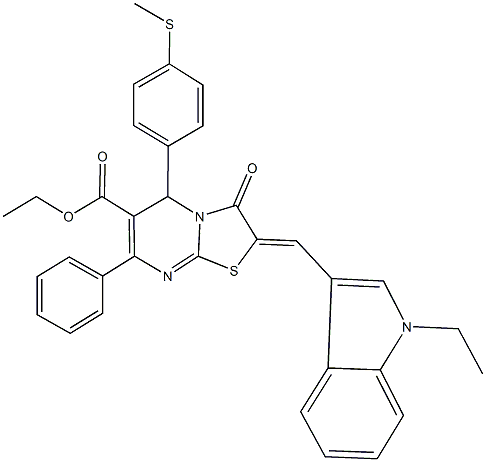 ethyl 2-[(1-ethyl-1H-indol-3-yl)methylene]-5-[4-(methylsulfanyl)phenyl]-3-oxo-7-phenyl-2,3-dihydro-5H-[1,3]thiazolo[3,2-a]pyrimidine-6-carboxylate 化学構造式