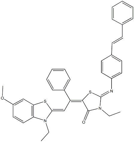 3-ethyl-5-[2-(3-ethyl-6-methoxy-1,3-benzothiazol-2(3H)-ylidene)-1-phenylethylidene]-2-{[4-(2-phenylvinyl)phenyl]imino}-1,3-thiazolidin-4-one Structure