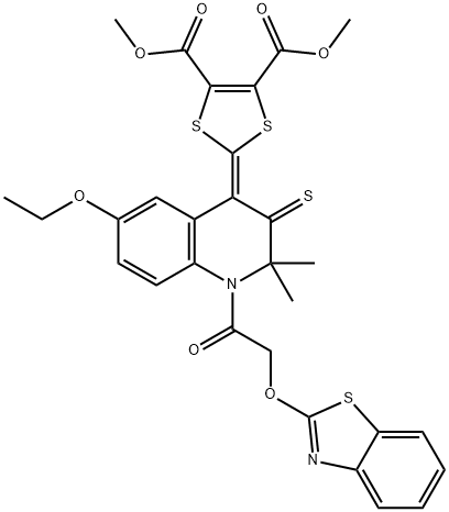 dimethyl 2-(1-[(1,3-benzothiazol-2-yloxy)acetyl]-6-ethoxy-2,2-dimethyl-3-thioxo-2,3-dihydro-4(1H)-quinolinylidene)-1,3-dithiole-4,5-dicarboxylate 化学構造式