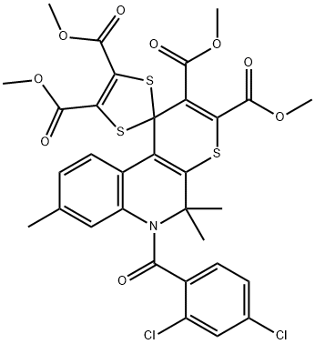 tetramethyl 6'-(2,4-dichlorobenzoyl)-5',5',8'-trimethyl-5',6'-dihydrospiro[1,3-dithiole-2,1'-(1'H)-thiopyrano[2,3-c]quinoline]-2',3',4,5-tetracarboxylate 结构式