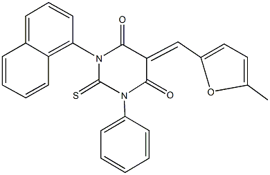 5-[(5-methyl-2-furyl)methylene]-1-(1-naphthyl)-3-phenyl-2-thioxodihydro-4,6(1H,5H)-pyrimidinedione Structure