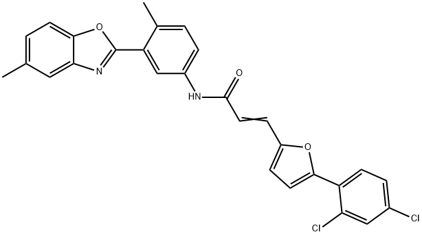 3-[5-(2,4-dichlorophenyl)-2-furyl]-N-[4-methyl-3-(5-methyl-1,3-benzoxazol-2-yl)phenyl]acrylamide 化学構造式