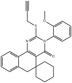 3-(2-methoxyphenyl)-4-oxo-2-(2-propynylsulfanyl)-3,4,5,6-tetrahydrospiro(benzo[h]quinazoline-5,1'-cyclohexane),352658-83-4,结构式